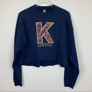 VINTAGE Kentucky Crop Crewneck Sweater Navy Gold Paisley Extra Large